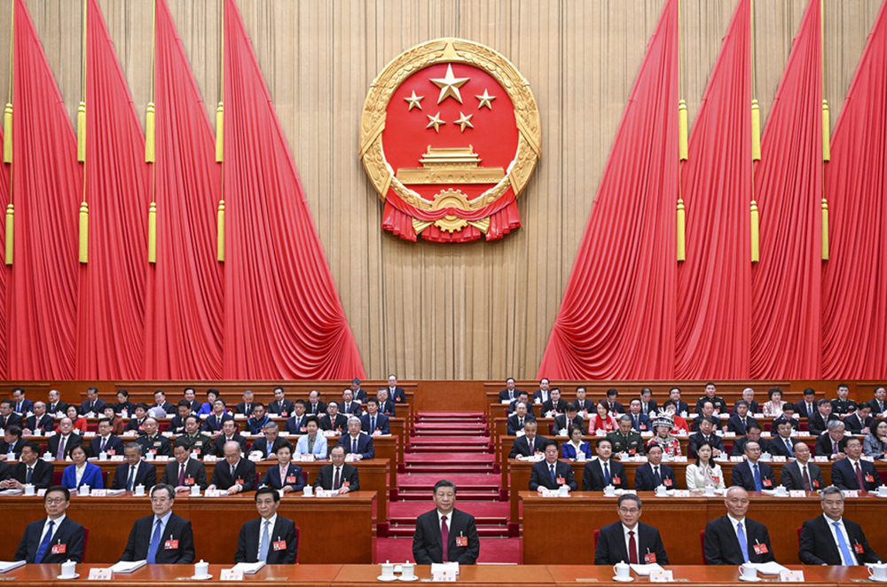3月5日，第十四屆全國人民代表大會第二次會議在北京人民大會堂開幕。黨和國家領導人習近平、李強、王滬寧、蔡奇、丁薛祥、李希、韓正等出席大會。新華社記者 李學仁 攝