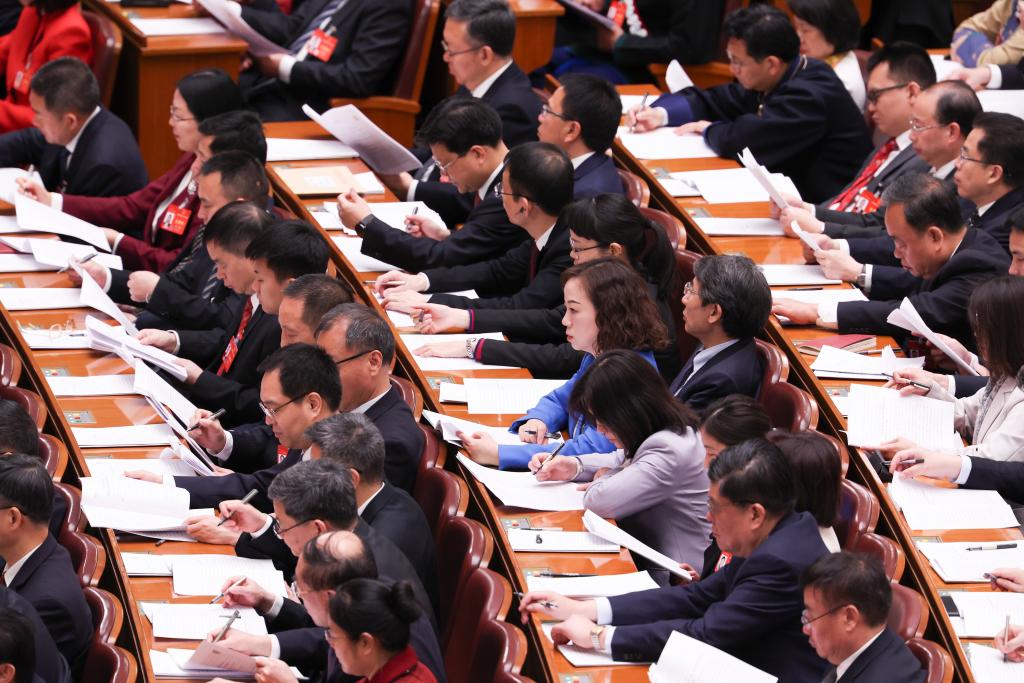 3月8日，十四屆全國(guó)人大二次會(huì)議在北京人民大會(huì)堂舉行第二次全體會(huì)議。新華社記者 王婧嬙 攝