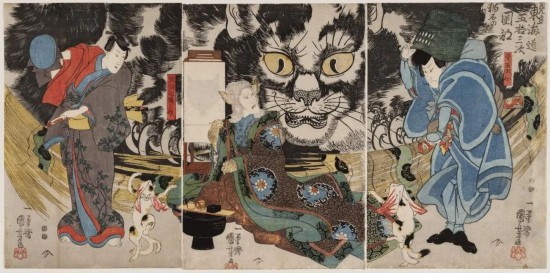 歌川國芳「見立東海道五十三次岡部貓石の由來」等，1847 ACCESSION NUMBER: 11.28742-4