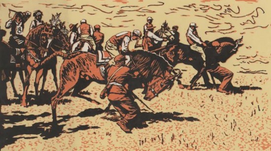 徐匡《金色的賽馬場》31x55cm&nbsp;版畫 1981年 中華藝術(shù)宮（上海美術(shù)館）藏